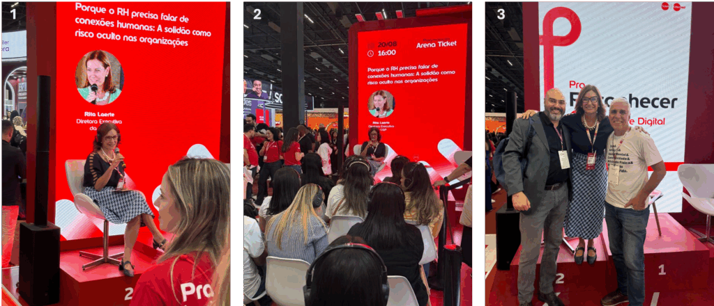 Montagem de imagens da participação de Rita Passos no CONARH 2025, durante sua palestra na Arena Ticket, no stand da Ticket, e em momentos de conexão com parceiros estratégicos.